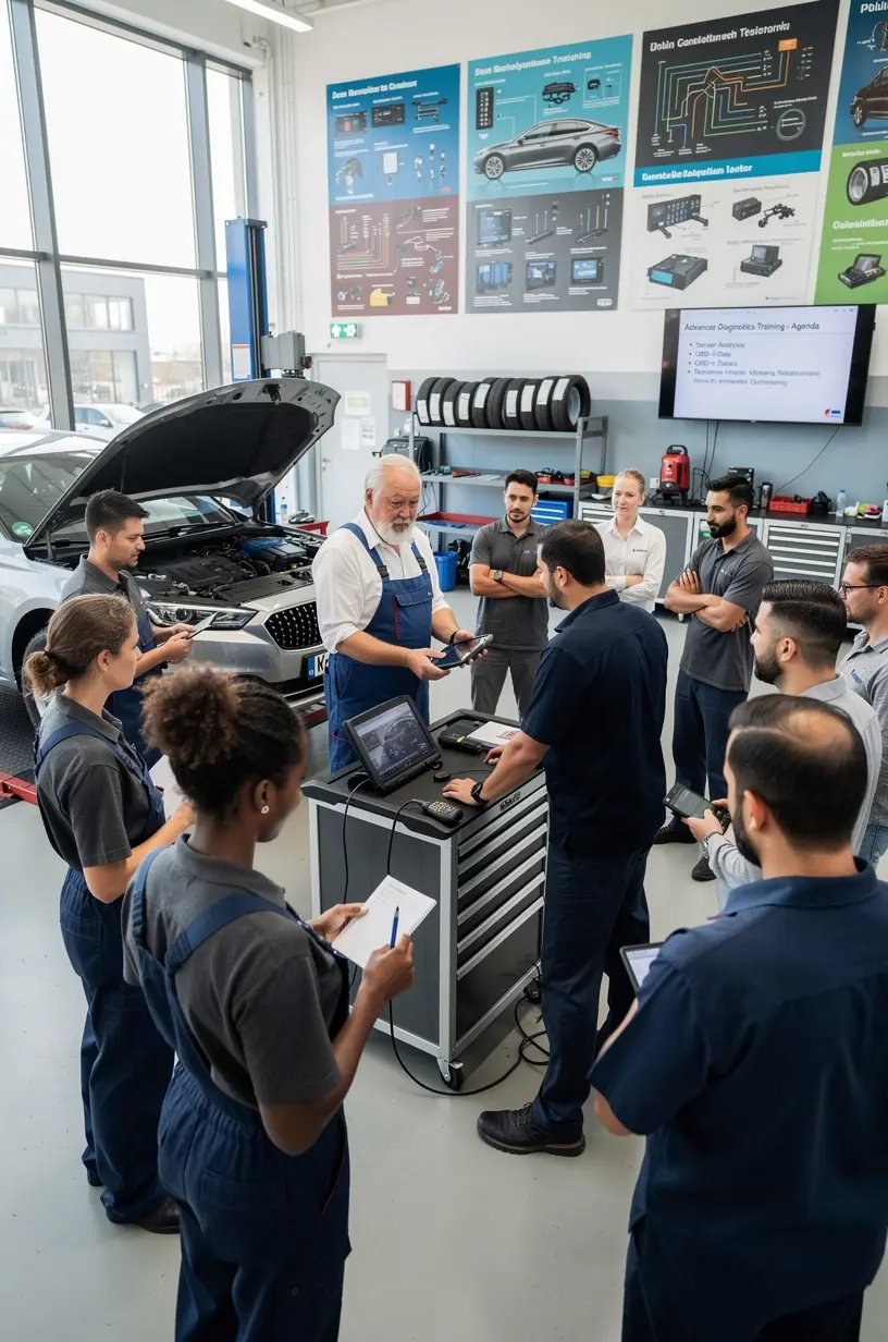 Fahrzeugheber hebt ein Auto für umfassende Wartungsarbeiten in einer deutschen Autoreparaturstation.